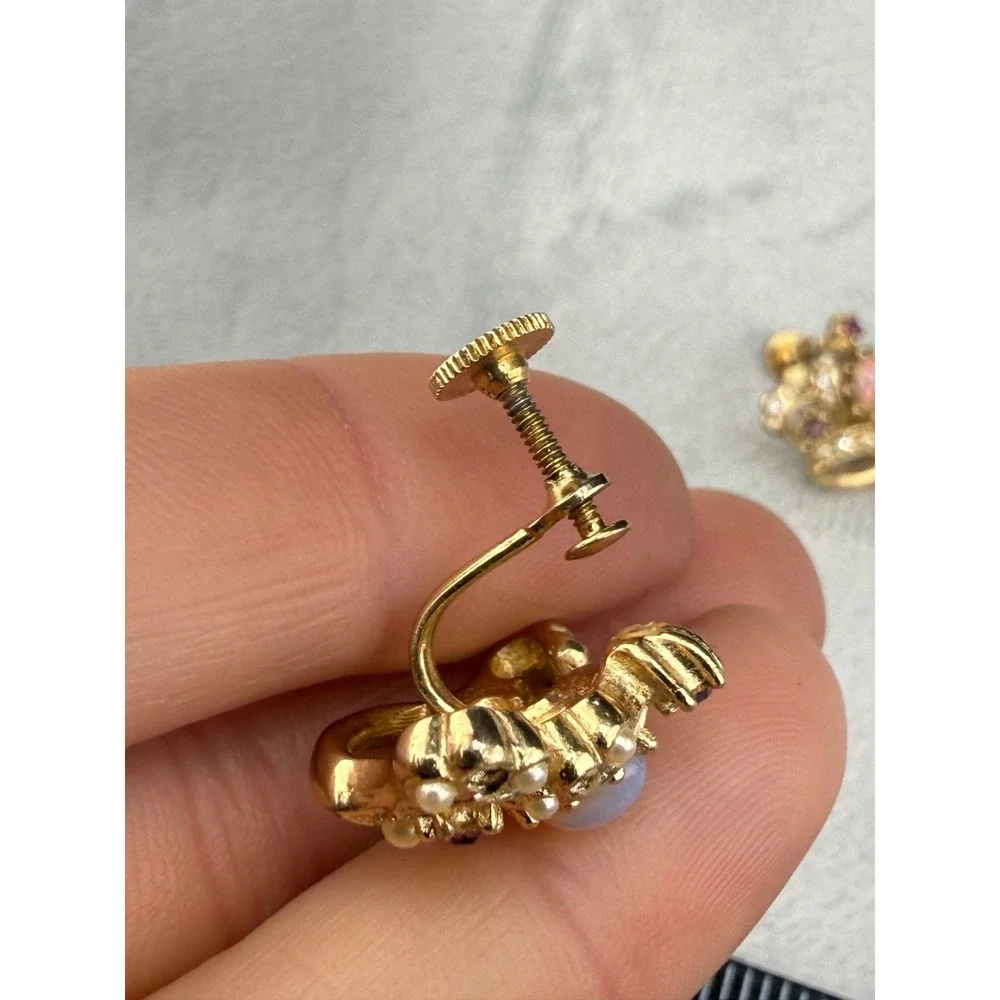Vintage Crown Brooch Screw Back Earrings Set Rhinestone Pink‎